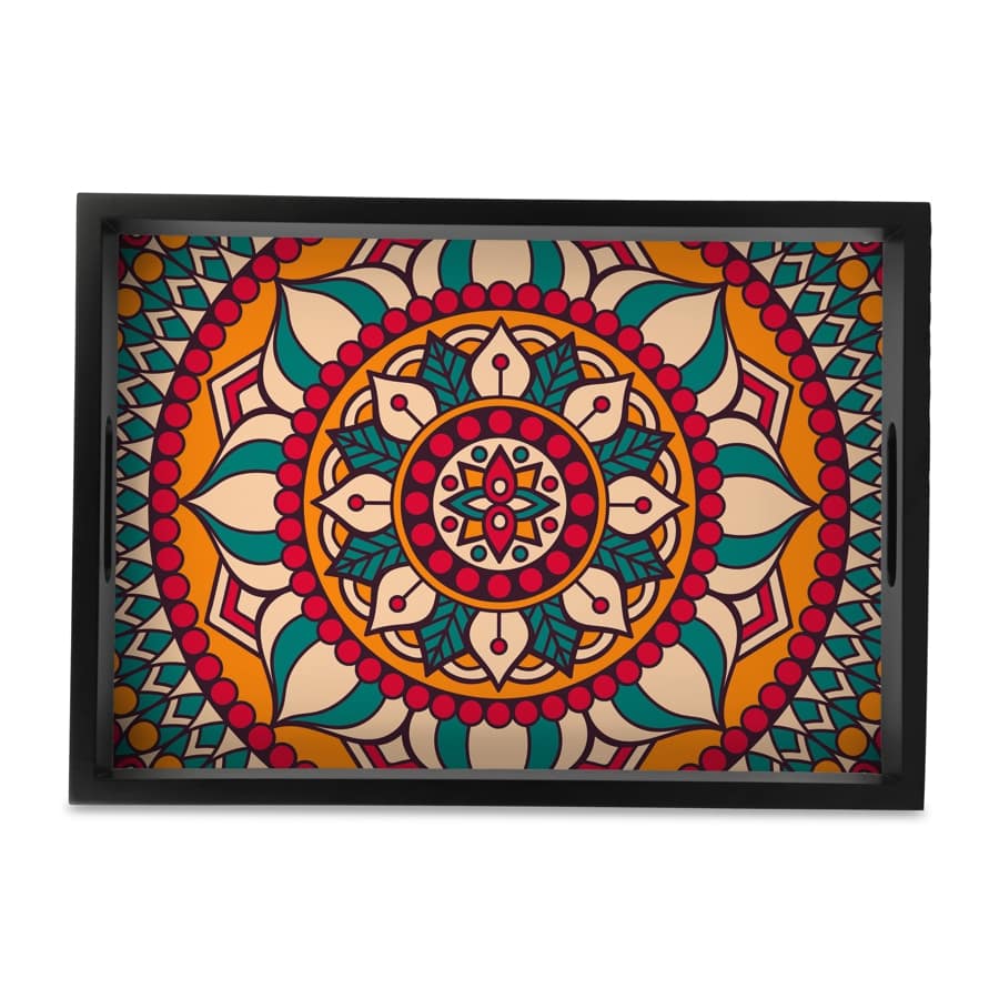 Red Mandala Serving Tray with Cutout Handles (Wood) 10" x 14"