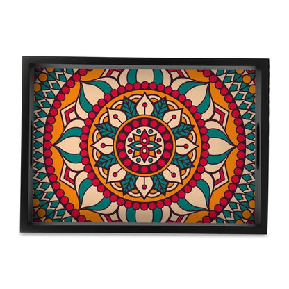 Red Mandala Serving Tray with Cutout Handles (Wood) 10" x 14"