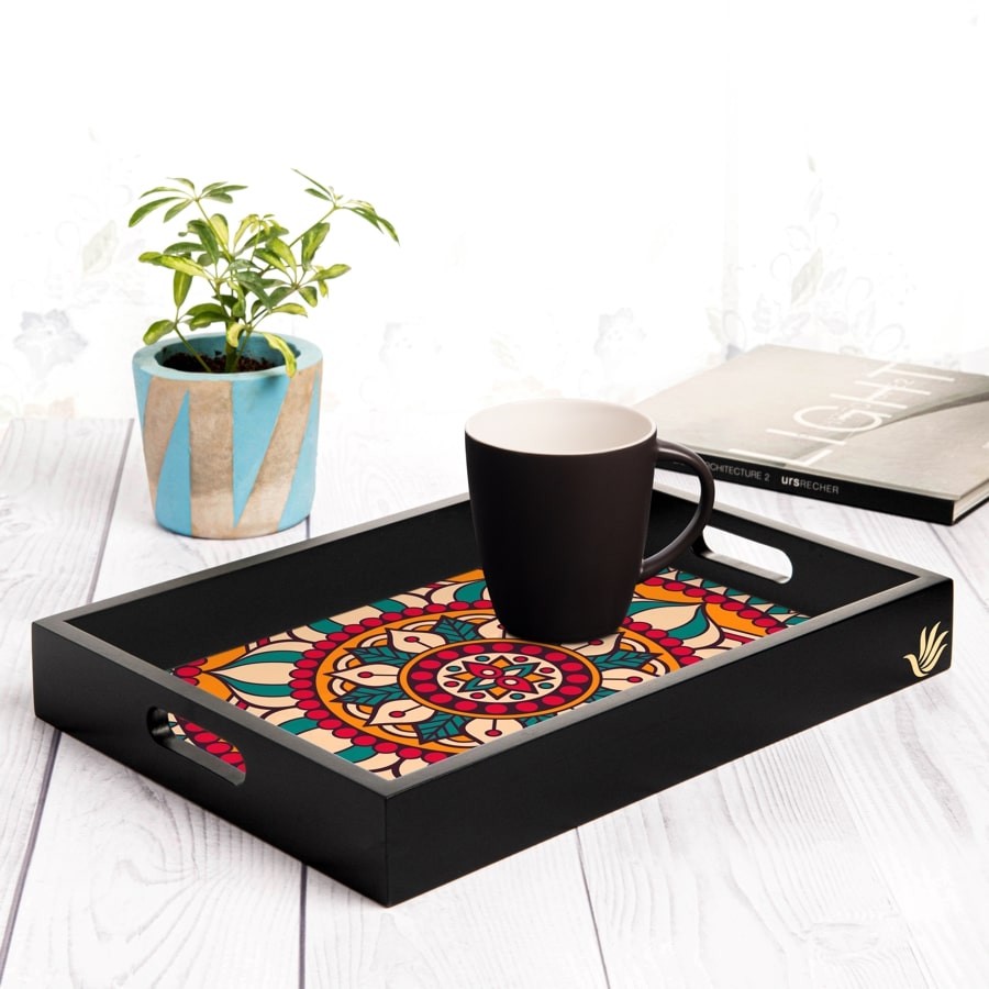 Red Mandala Serving Tray with Cutout Handles (Wood) 10" x 14"