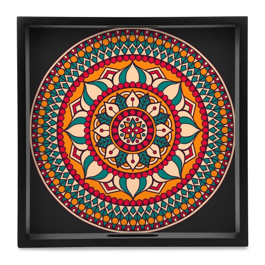 Red Mandala Serving Tray with Cutout Handles (Wood) 12" x 12"