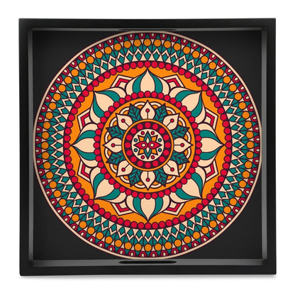 Red Mandala Serving Tray with Cutout Handles (Wood) 12" x 12"