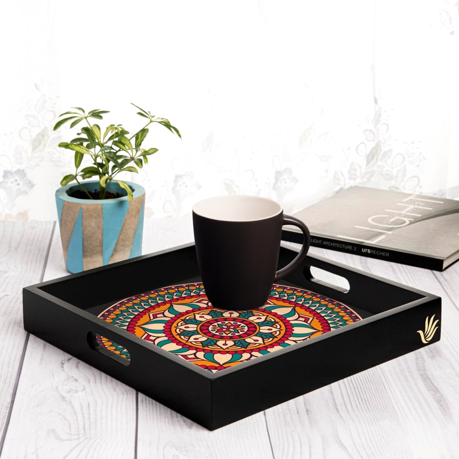 Red Mandala Serving Tray with Cutout Handles (Wood) 12" x 12"