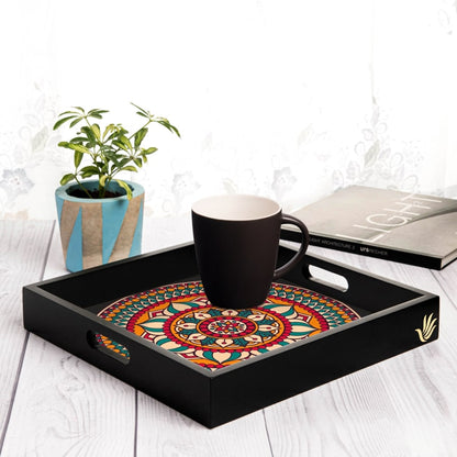 Red Mandala Serving Tray with Cutout Handles (Wood) 12" x 12"