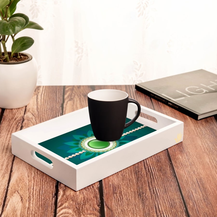 Rakhi Pearls Green Serving Tray with Cutout Handles (Wood) 8" x 12"