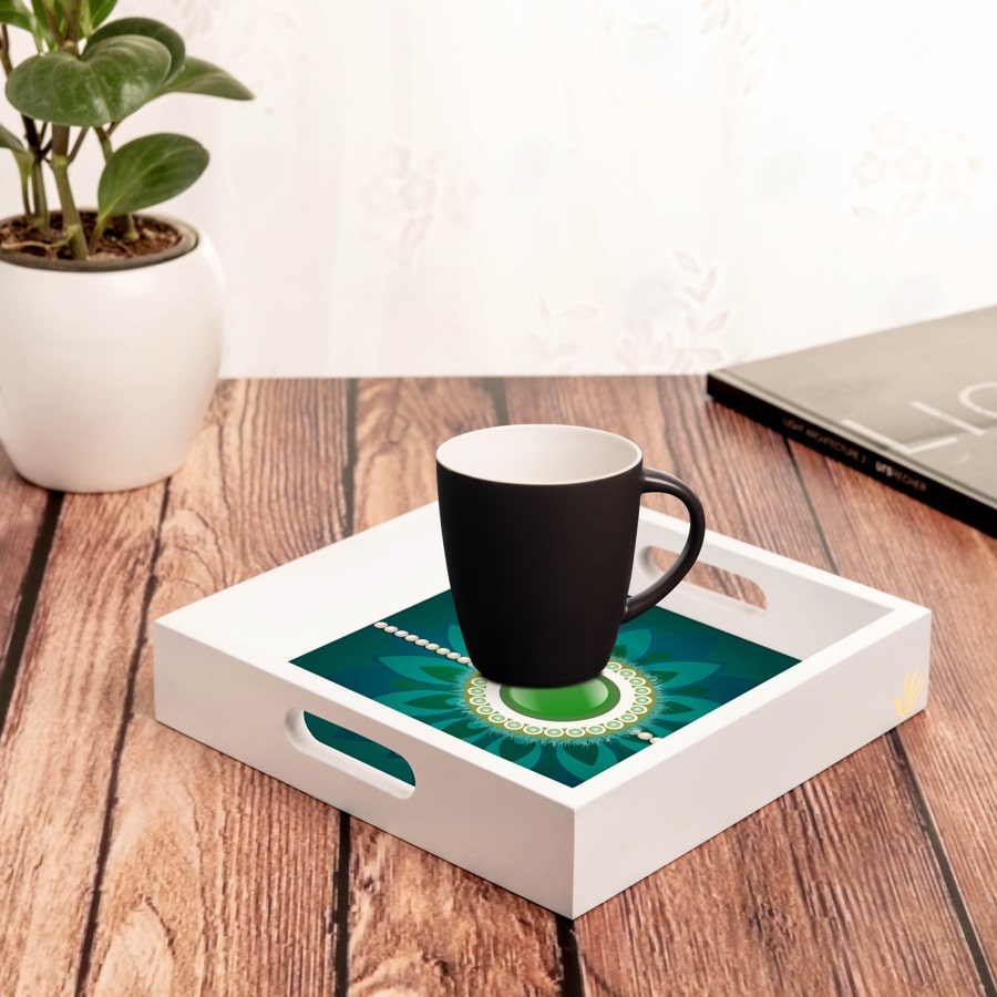 Rakhi Pearls Green Serving Tray with Cutout Handles (Wood) 9" x 9"