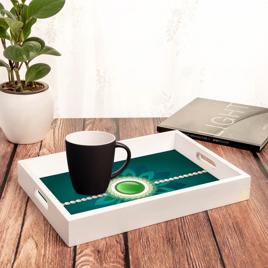 Rakhi Pearls Green Serving Tray with Cutout Handles (Wood) 10" x 14"