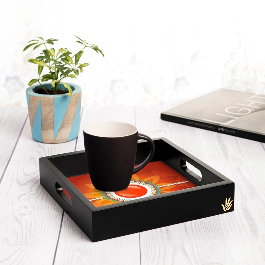 Rakhi Pearls Orange Serving Tray with Cutout Handles (Wood) 9" x 9" 