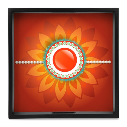 Rakhi Pearls Orange Serving Tray with Cutout Handles (Wood) 12" x 12" 