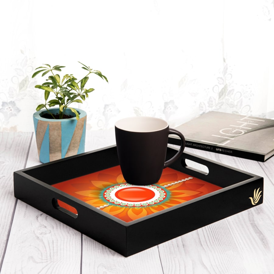 Rakhi Pearls Orange Serving Tray with Cutout Handles (Wood) 12" x 12" 