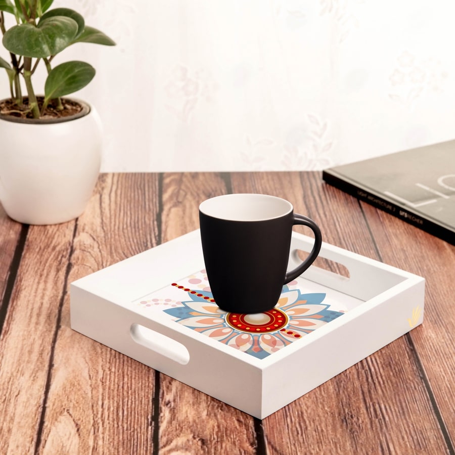 Rakhee Blue Serving Tray with Cutout Handles (Wood) 9" x 9"