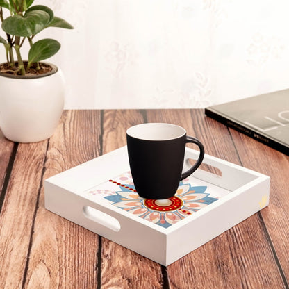 Rakhee Blue Serving Tray with Cutout Handles (Wood) 9" x 9"