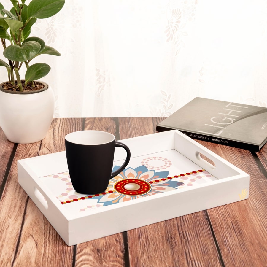 Rakhee Blue Serving Tray with Cutout Handles (Wood) 10" x 14"