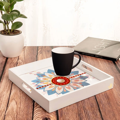 Rakhee Blue Serving Tray with Cutout Handles (Wood) 12" x 12"