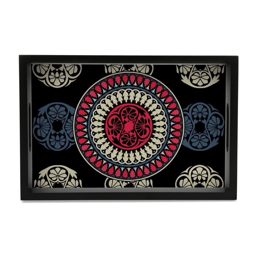 Black Mandala Serving Tray with Cutout Handles (Wood) 8" x 12"