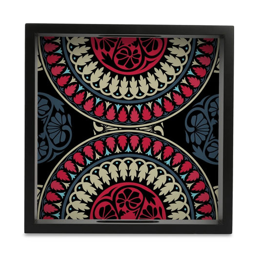Black Mandala Serving Tray with Cutout Handles (Wood) 9" x 9"