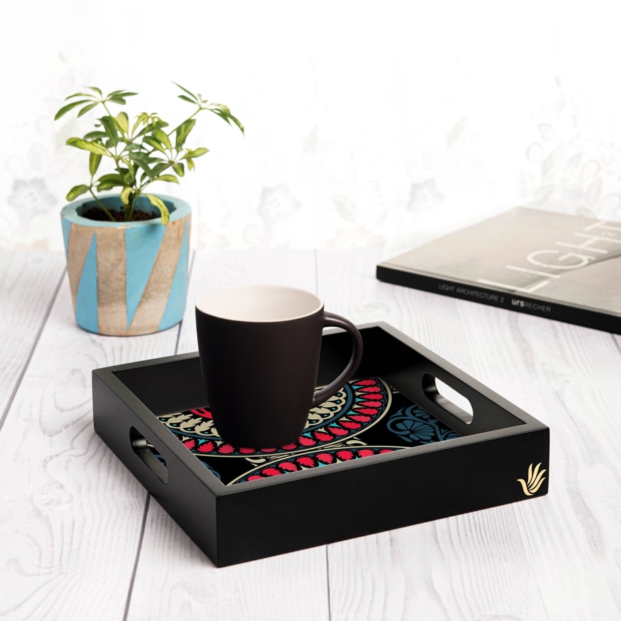 Black Mandala Serving Tray with Cutout Handles (Wood) 9" x 9"