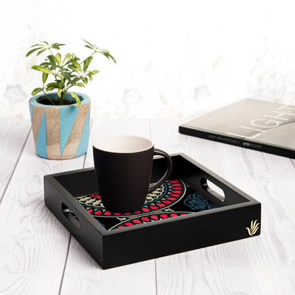 Black Mandala Serving Tray with Cutout Handles (Wood) 9" x 9"