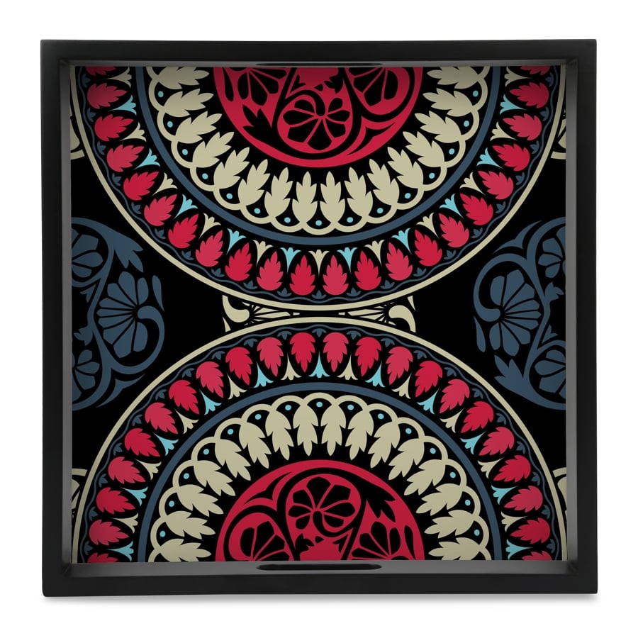 Black Mandala Serving Tray with Cutout Handles (Wood) 12" x 12"