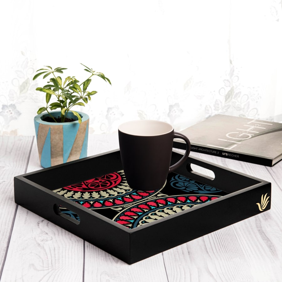 Black Mandala Serving Tray with Cutout Handles (Wood) 12" x 12"