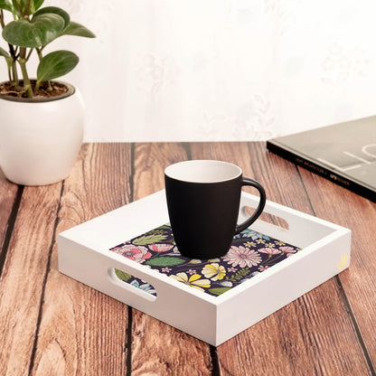 Floral Daisy Serving Tray with Cutout Handles (Wood) 9" x 9"