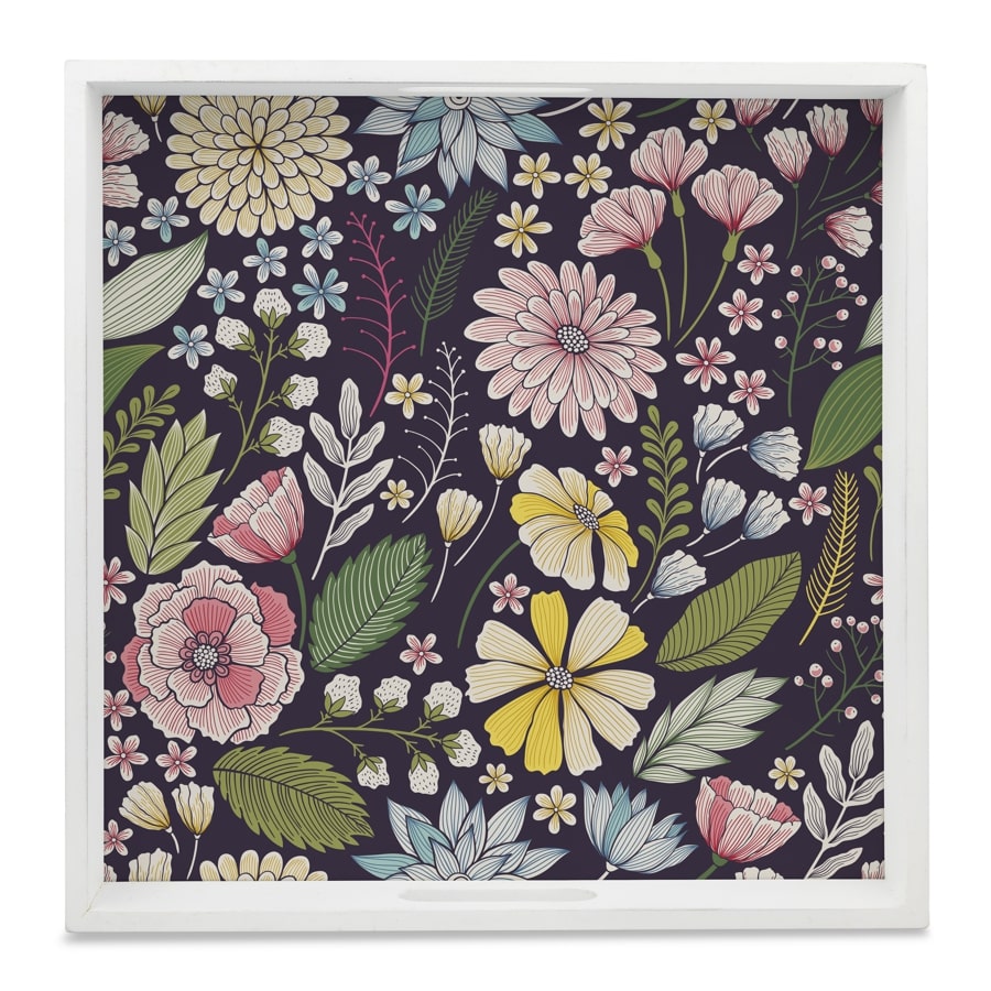 Floral Daisy Serving Tray with Cutout Handles (Wood) 12" x 12"