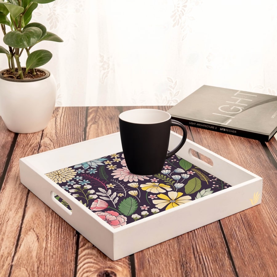 Floral Daisy Serving Tray with Cutout Handles (Wood) 12" x 12"
