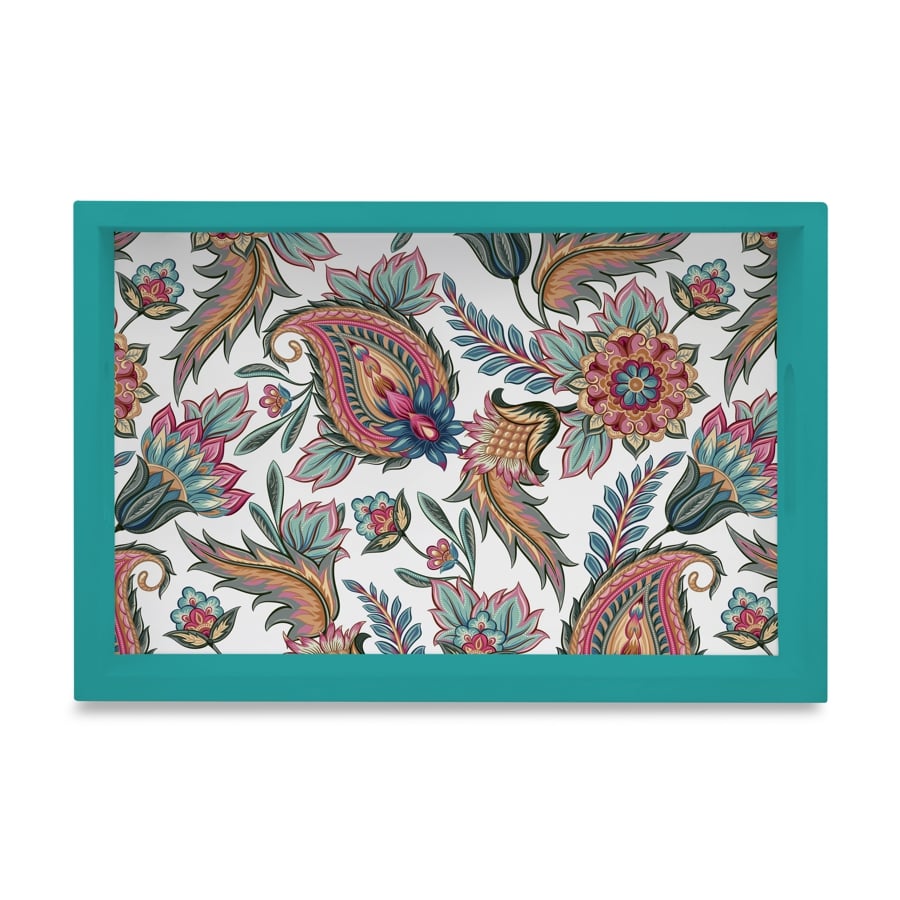 Oriental Paisley White Serving Tray with Cutout Handles (Wood) 8" x 12"
