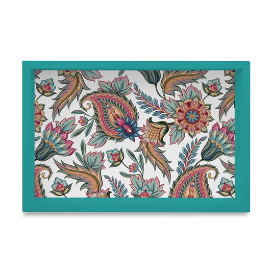 Oriental Paisley White Serving Tray with Cutout Handles (Wood) 8" x 12"