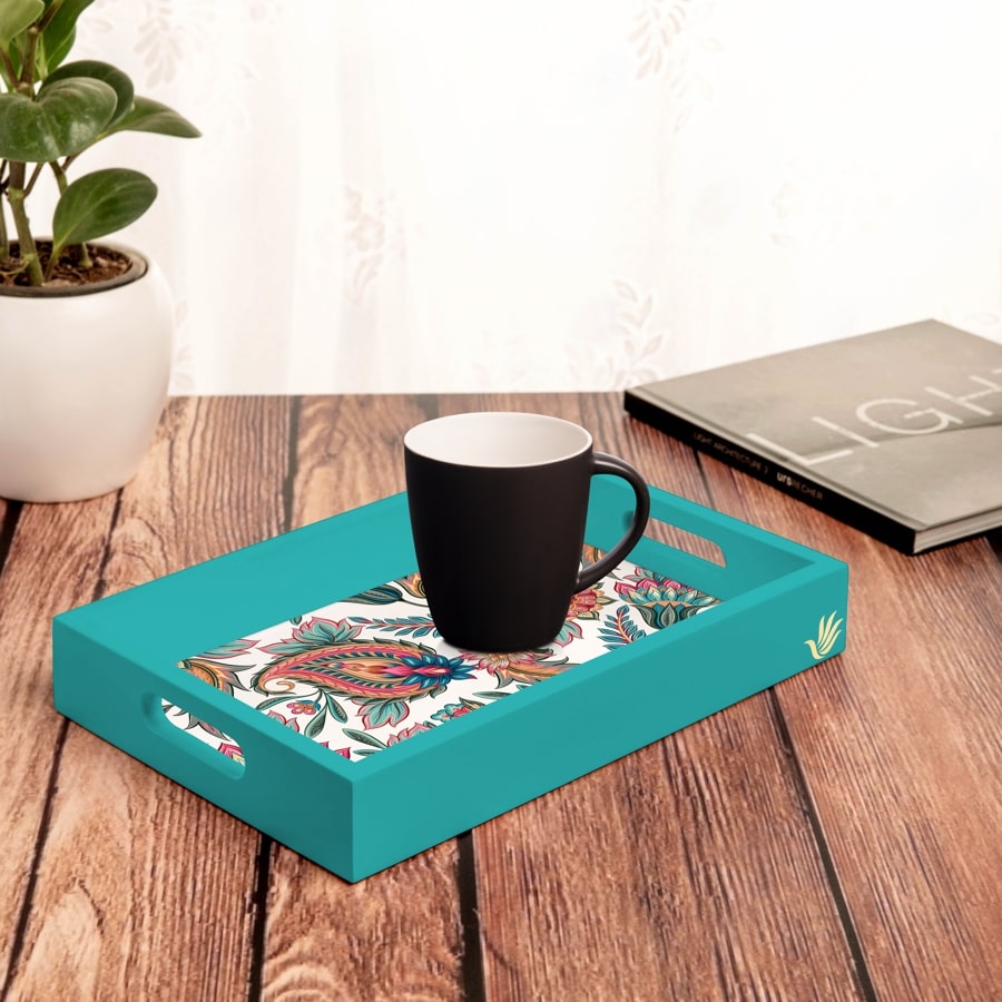 Oriental Paisley White Serving Tray with Cutout Handles (Wood) 8" x 12"