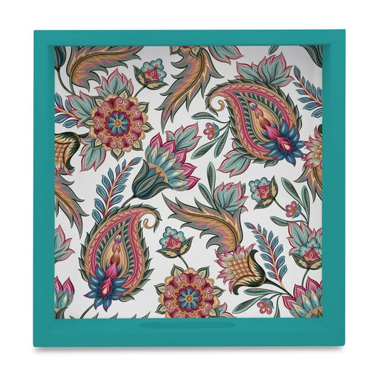 Oriental Paisley White Serving Tray with Cutout Handles (Wood) 9" x 9"