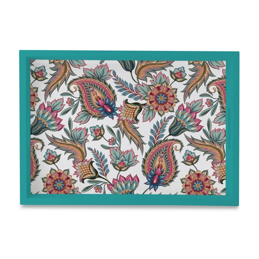 Oriental Paisley White Serving Tray with Cutout Handles (Wood) 10" x 14"