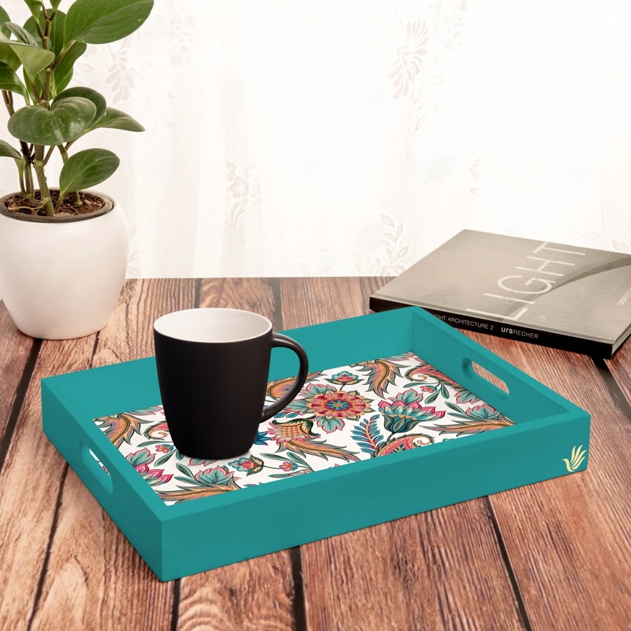 Oriental Paisley White Serving Tray with Cutout Handles (Wood) 10" x 14"