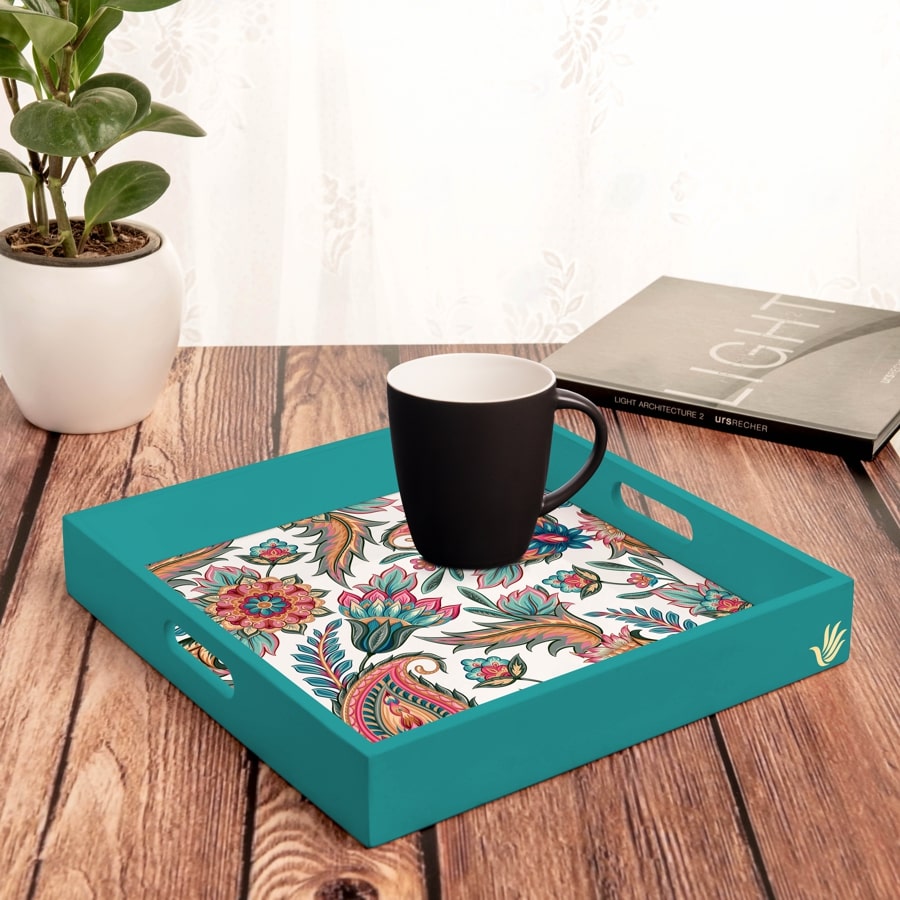 Oriental Paisley White Serving Tray with Cutout Handles (Wood) 12" x 12"