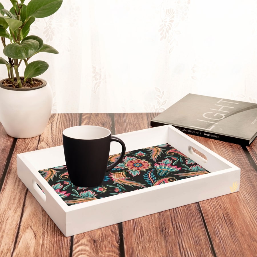 Oriental Paisley Black Serving Tray with Cutout Handles (Wood) 10" x 14"