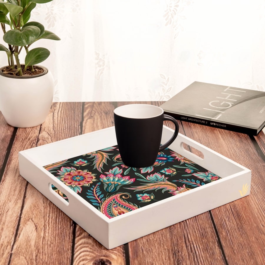 Oriental Paisley Black Serving Tray with Cutout Handles (Wood) 12" x 12"