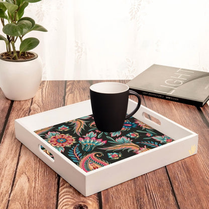 Oriental Paisley Black Serving Tray with Cutout Handles (Wood) 12" x 12"