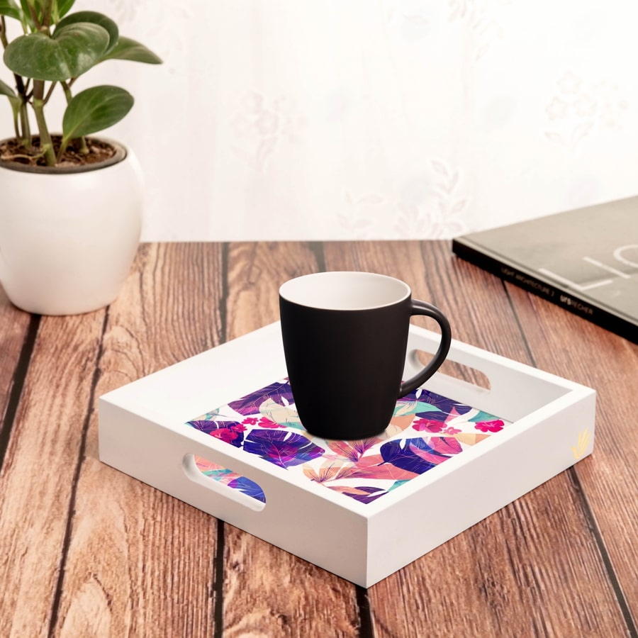 Floral Hibiscus Serving Tray with Cutout Handles (Wood) 9" x 9"