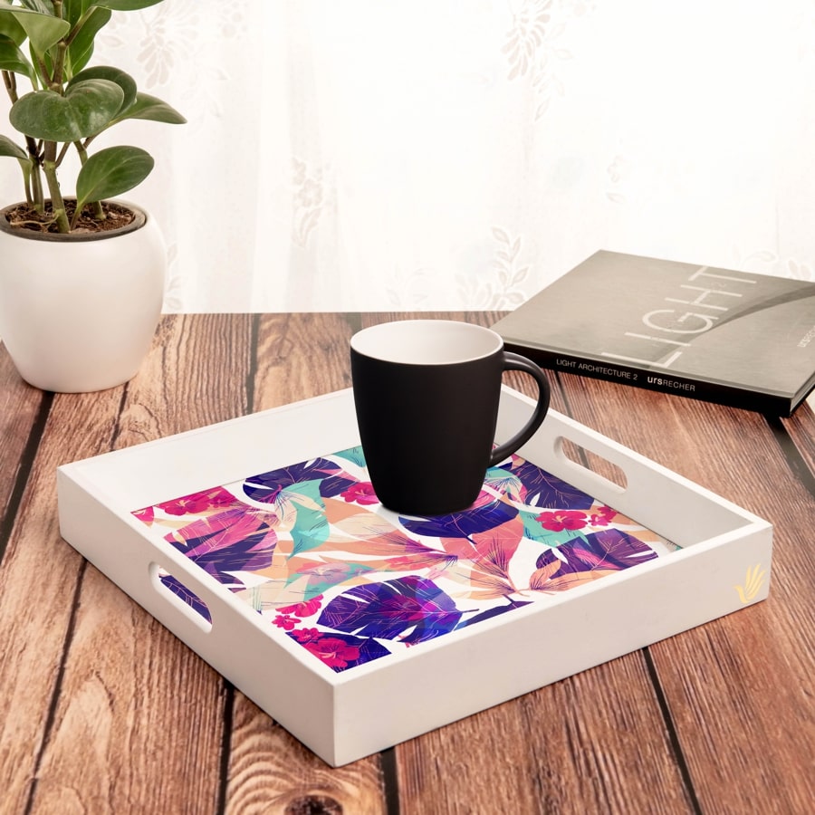 Floral Hibiscus Serving Tray with Cutout Handles (Wood) 12" x 12"