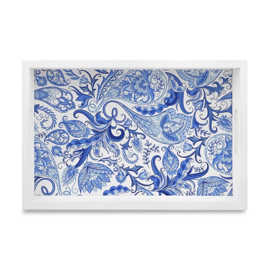 Blue Orient Rectangular Serving Tray with Cutout Handles, 8" x 12" - Main Image