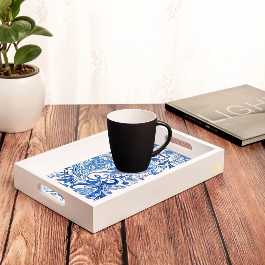 Blue Orient Rectangular Serving Tray with Cutout Handles, 8" x 12" - Lifestyle Image
