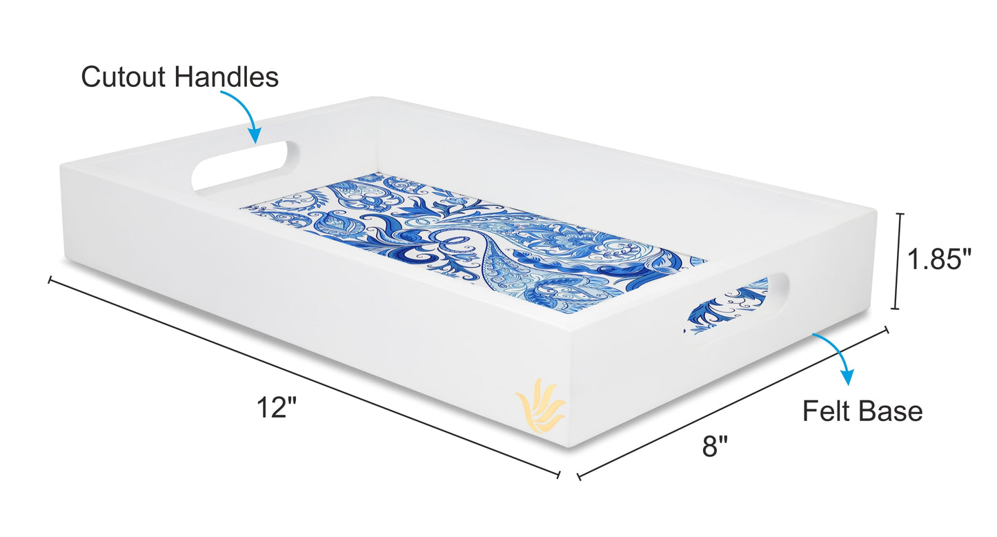 Blue Orient Rectangular Serving Tray with Cutout Handles, 8" x 12" - Size Image