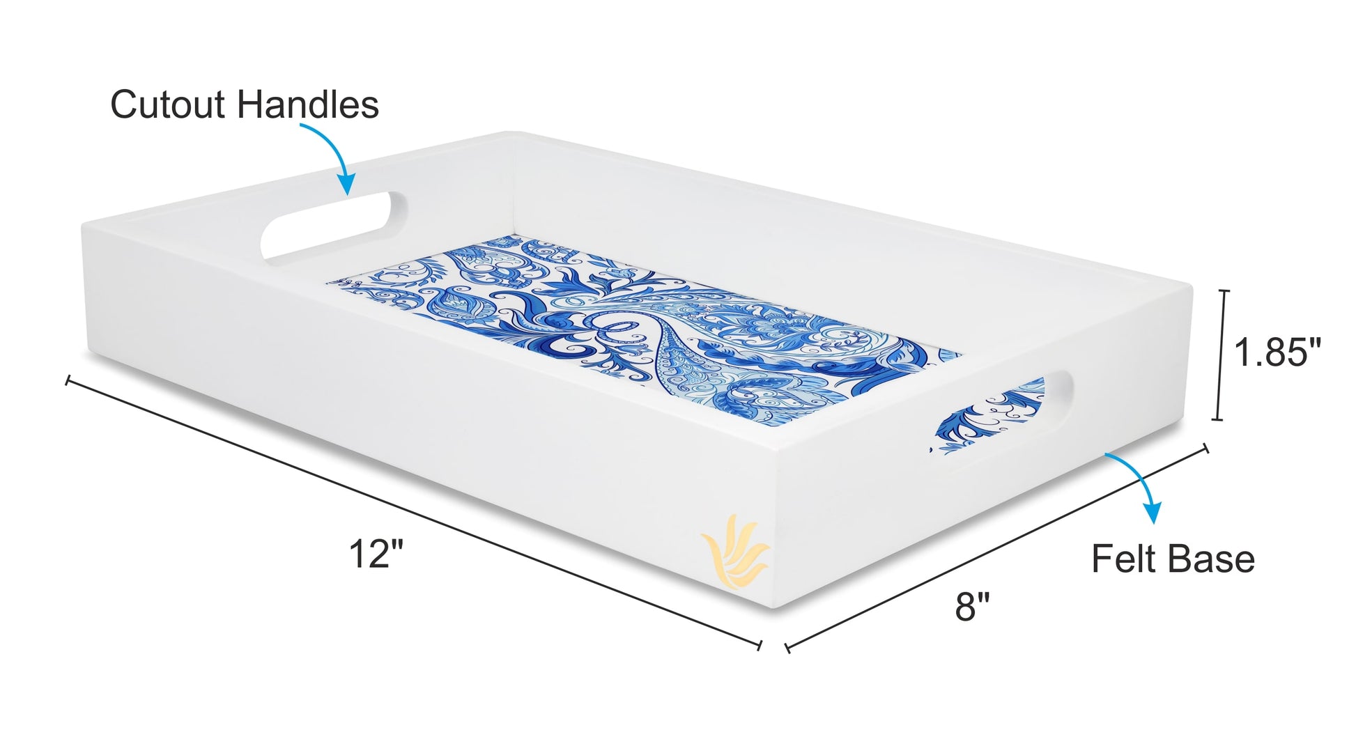 Blue Orient Rectangular Serving Tray with Cutout Handles, 8" x 12" - Size Image