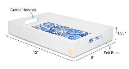Blue Orient Rectangular Serving Tray with Cutout Handles, 8" x 12" - Size Image