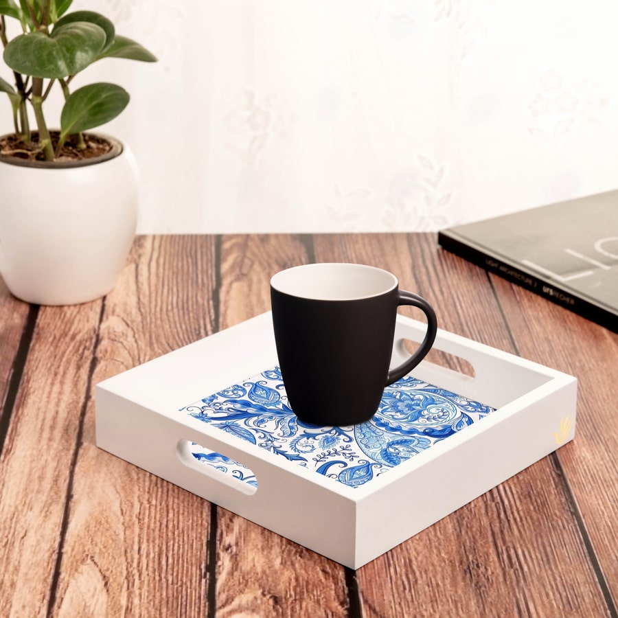 Blue Orient Serving Tray with Cutout Handles (Wood) 9" x 9"