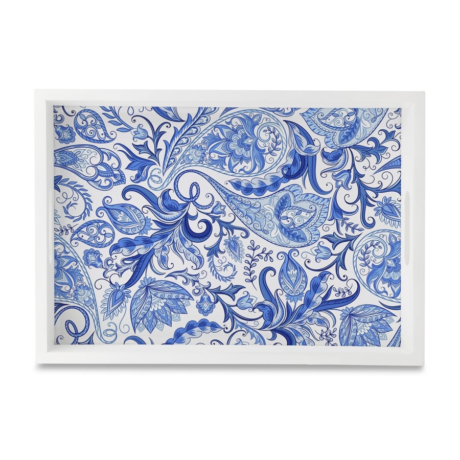 Blue Orient Rectangular Serving Tray with Cutout Handles, 10" x 14" - Main Image