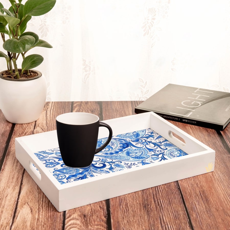 Blue Orient Rectangular Serving Tray with Cutout Handles, 10" x 14" - Lifestyle Image