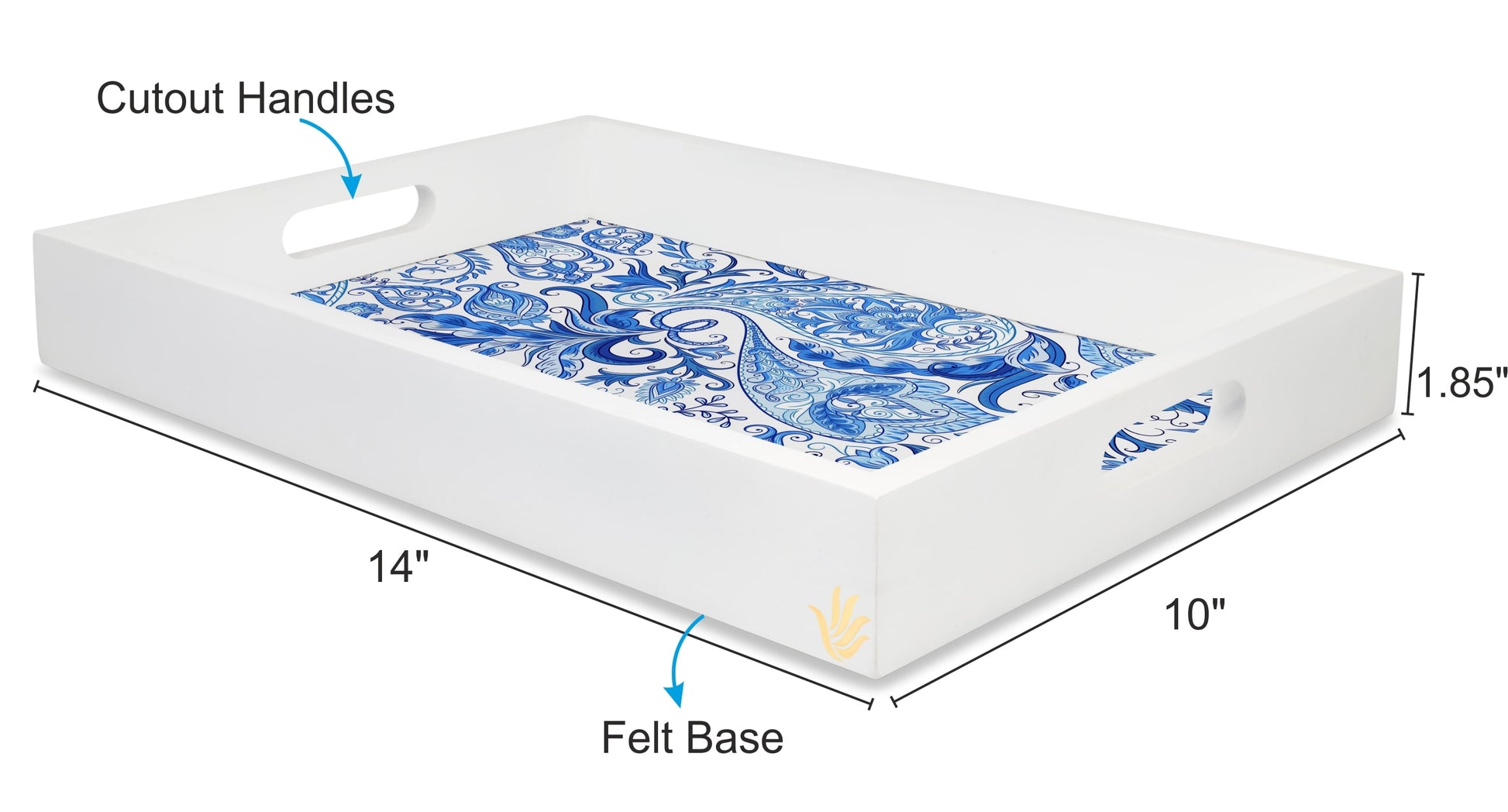 Blue Orient Rectangular Serving Tray with Cutout Handles, 10" x 14" - Size Image