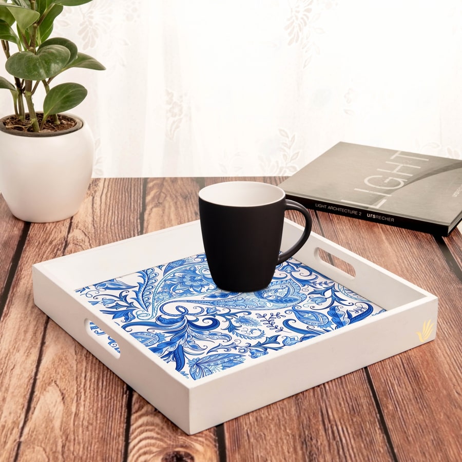 Blue Orient Serving Tray with Cutout Handles (Wood) 12" x 12"