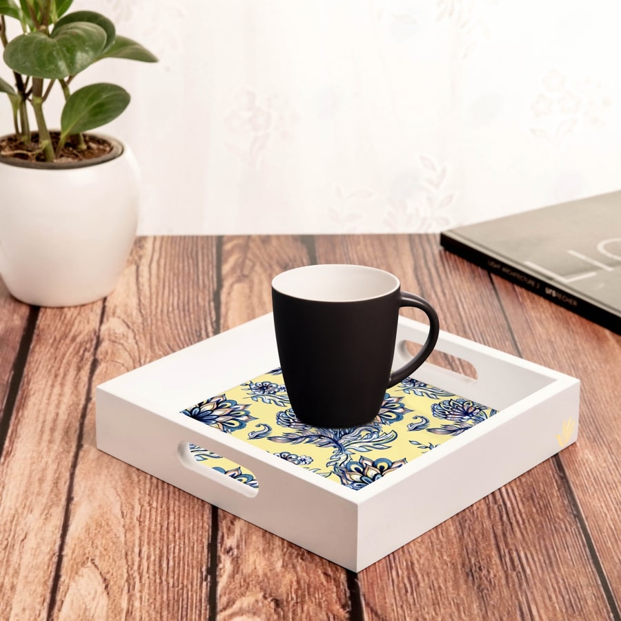 Batik Blue Serving Tray with Cutout Handles (Wood) 9"  x 9"