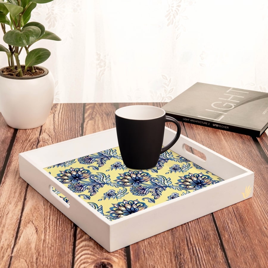Batik Blue Serving Tray with Cutout Handles (Wood) 12"  x 12"